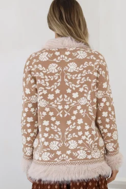 Wolfe Jacket - Faux Fur Trim Open Knit Jacket in Camel><noscript><img width=