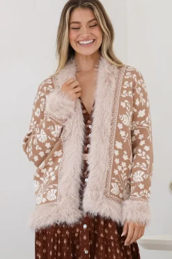 Wolfe Jacket - Faux Fur Trim Open Knit Jacket in Camel><noscript><img width=
