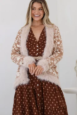 Wolfe Jacket - Faux Fur Trim Open Knit Jacket in Camel><noscript><img width=
