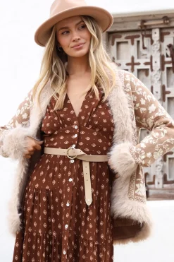 Wolfe Jacket - Faux Fur Trim Open Knit Jacket in Camel><noscript><img width=