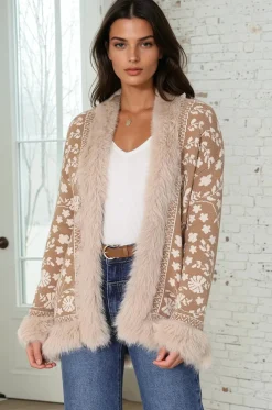Wolfe Jacket - Faux Fur Trim Open Knit Jacket in Camel><noscript><img width=