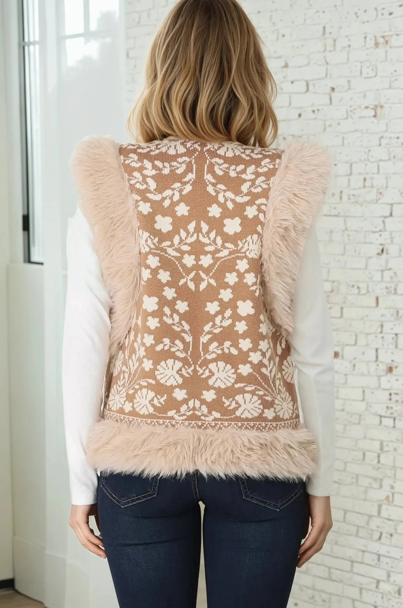 Wolfe Knit Vest - Faux Fur Trim Open Vest in Camel>Salty Crush Sale