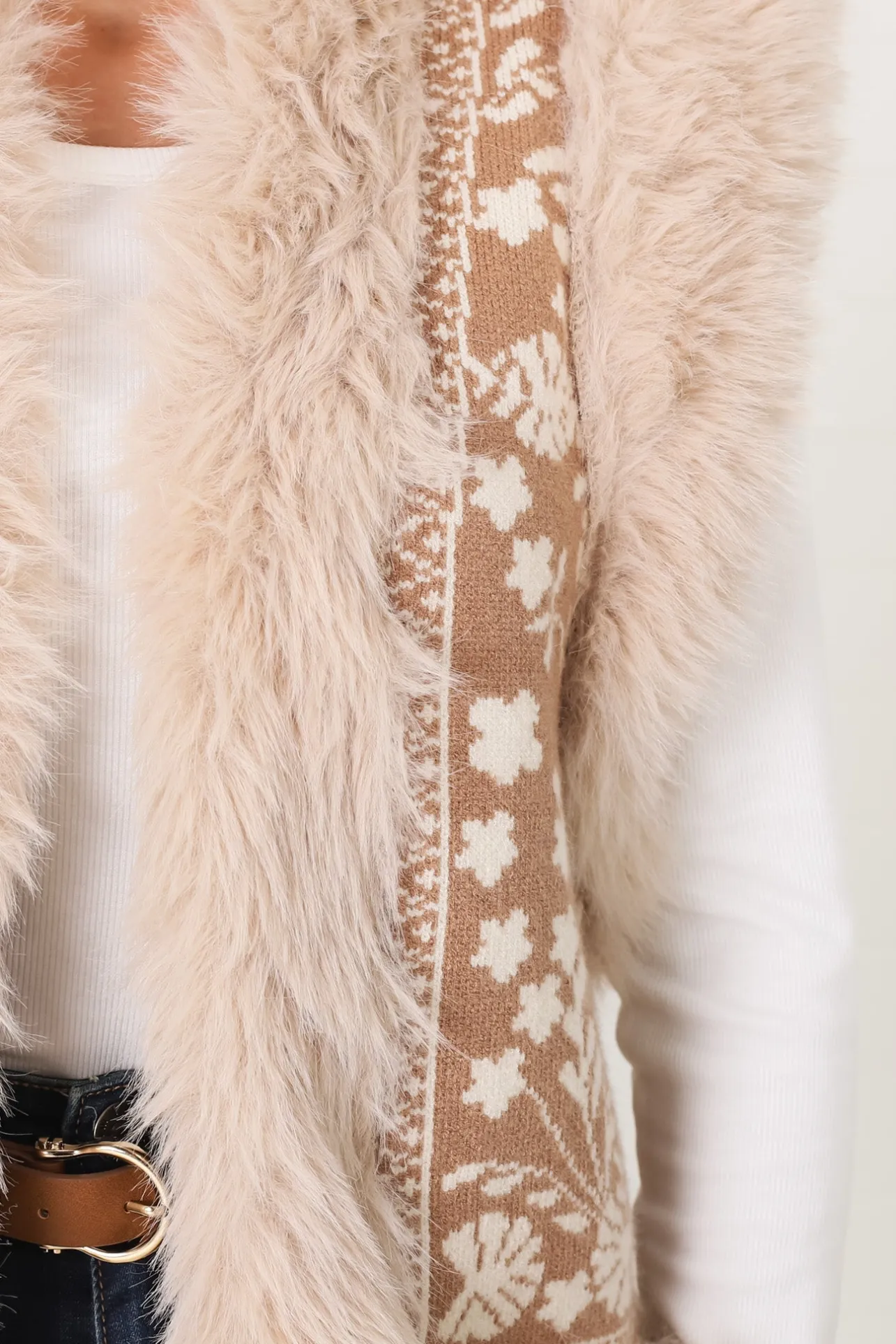 Wolfe Knit Vest - Faux Fur Trim Open Vest in Camel>Salty Crush Sale