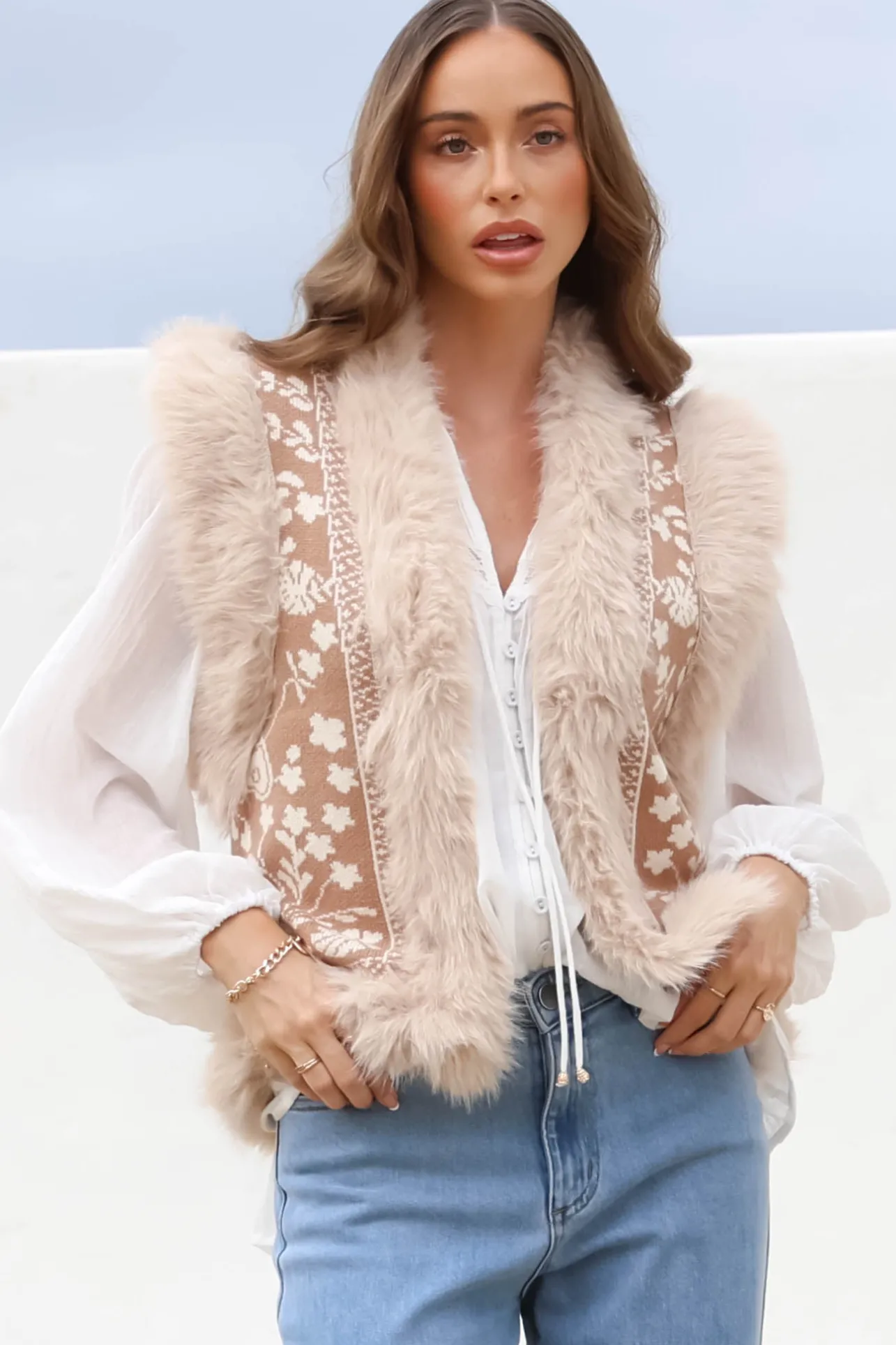 Wolfe Knit Vest - Faux Fur Trim Open Vest in Camel>Salty Crush Sale