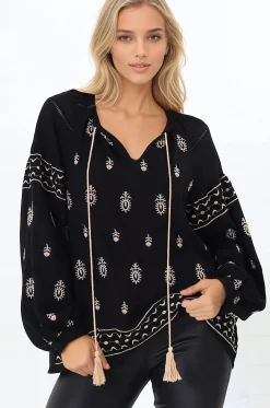 Wrenlow Blouse - Embroidery Mandarin Collar with Neck Tie Pull Over Blouse in Black>Salty Crush Best