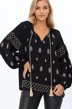 Wrenlow Blouse - Embroidery Mandarin Collar with Neck Tie Pull Over Blouse in Black>Salty Crush Best