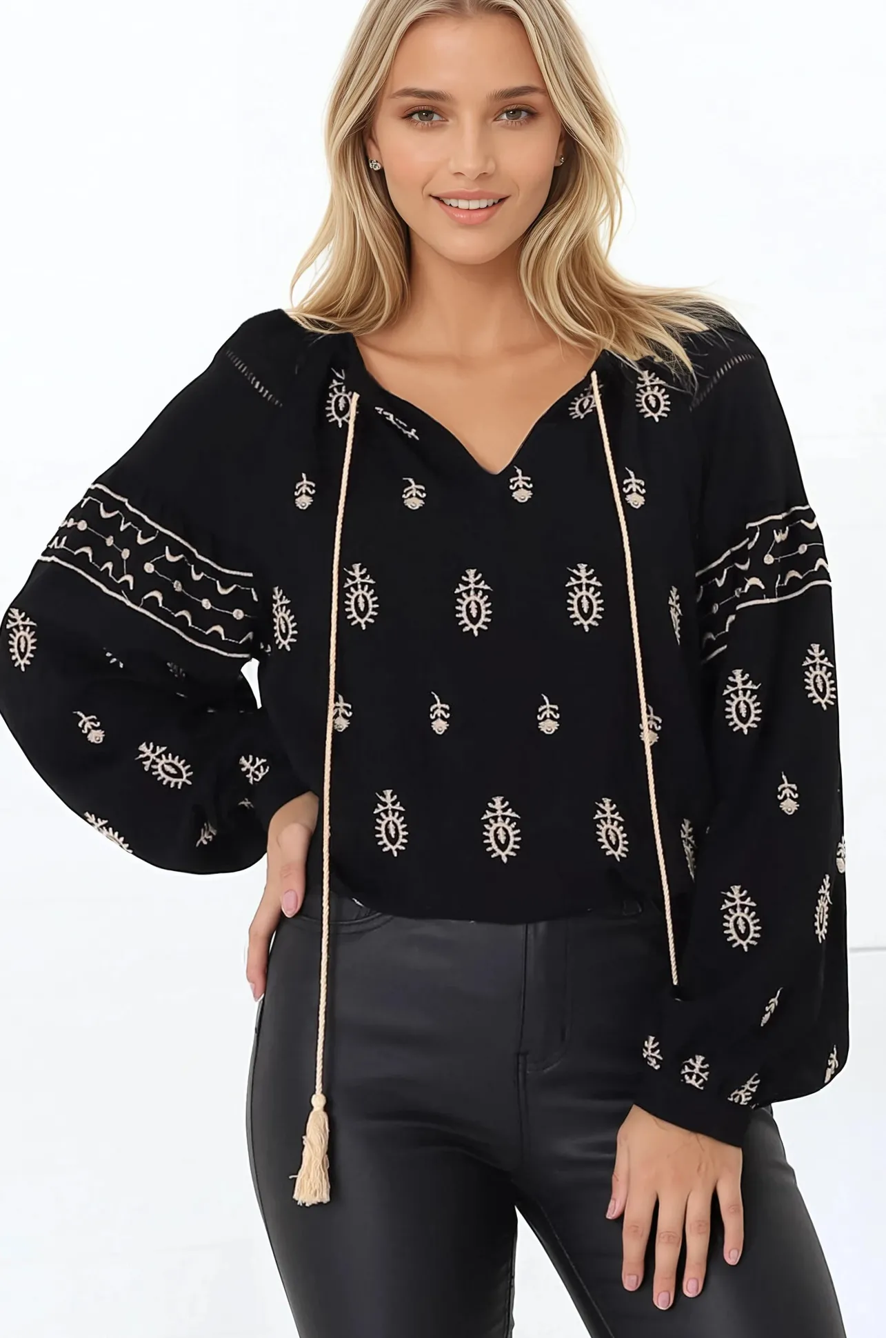 Wrenlow Blouse - Embroidery Mandarin Collar with Neck Tie Pull Over Blouse in Black>Salty Crush Best