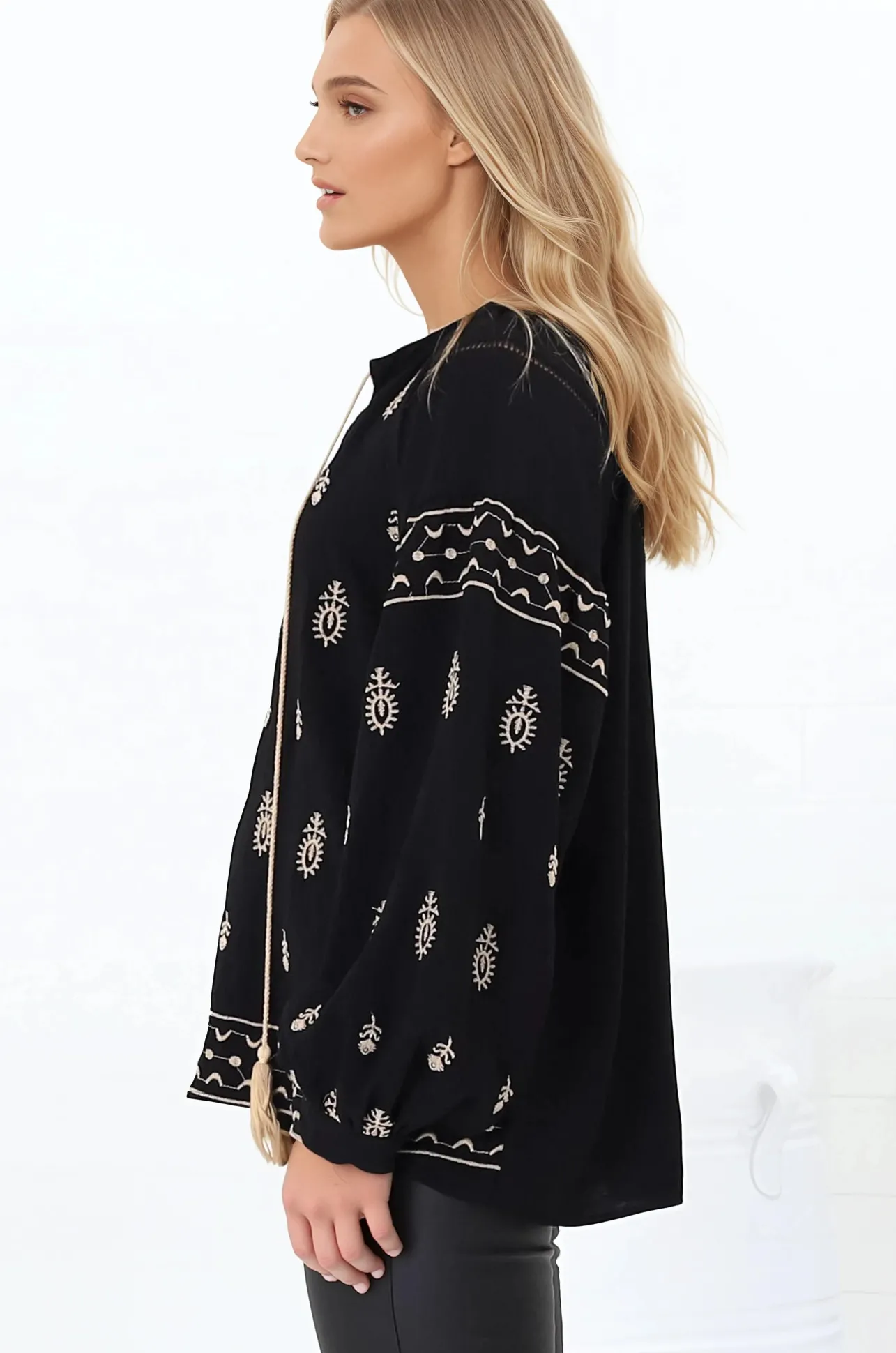 Wrenlow Blouse - Embroidery Mandarin Collar with Neck Tie Pull Over Blouse in Black>Salty Crush Best