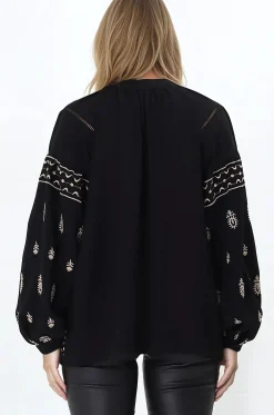 Wrenlow Blouse - Embroidery Mandarin Collar with Neck Tie Pull Over Blouse in Black><noscript><img width=