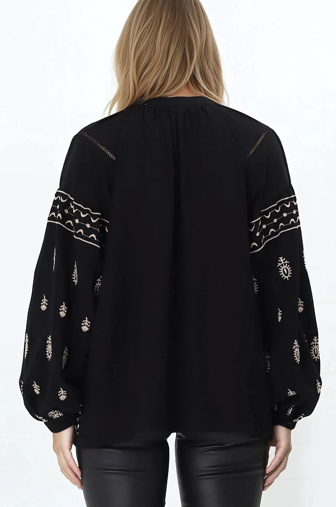 Wrenlow Blouse - Embroidery Mandarin Collar with Neck Tie Pull Over Blouse in Black>Salty Crush Best