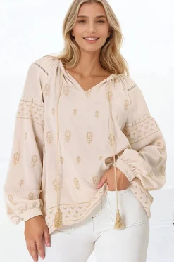 Wrenlow Blouse - Embroidery Mandarin Collar with Neck Tie Pull Over Blouse in Beige>Salty Crush Online