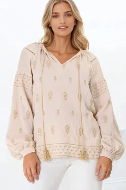 Wrenlow Blouse - Embroidery Mandarin Collar with Neck Tie Pull Over Blouse in Beige>Salty Crush Online