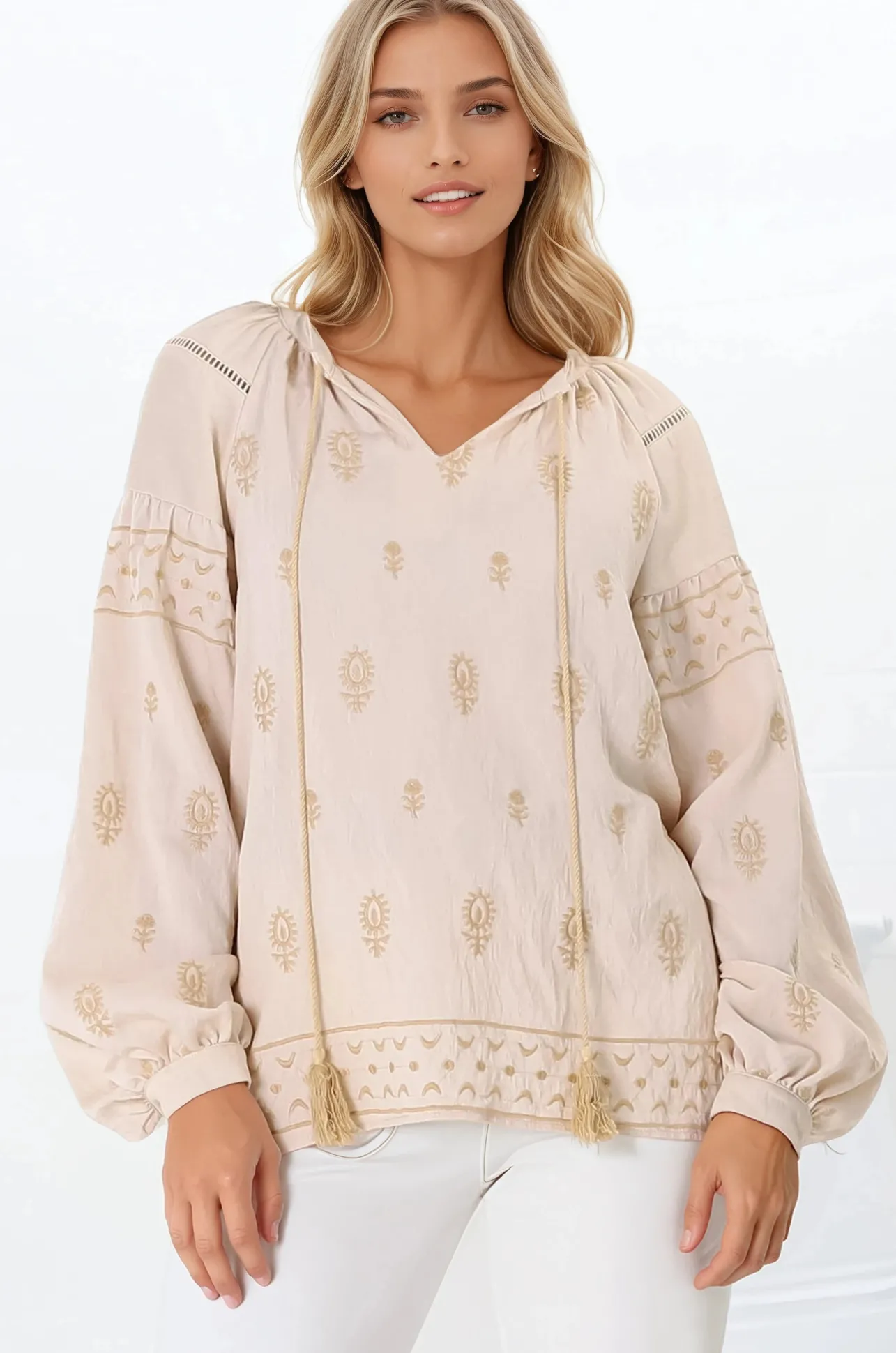 Wrenlow Blouse - Embroidery Mandarin Collar with Neck Tie Pull Over Blouse in Beige>Salty Crush Online