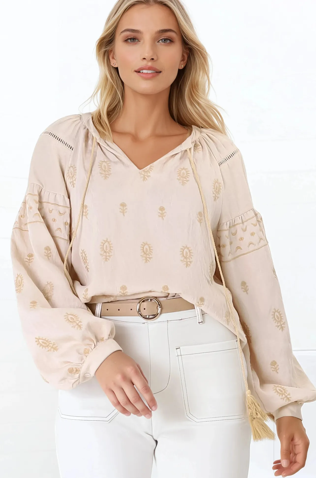 Wrenlow Blouse - Embroidery Mandarin Collar with Neck Tie Pull Over Blouse in Beige>Salty Crush Online