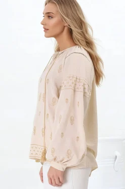 Wrenlow Blouse - Embroidery Mandarin Collar with Neck Tie Pull Over Blouse in Beige><noscript><img width=