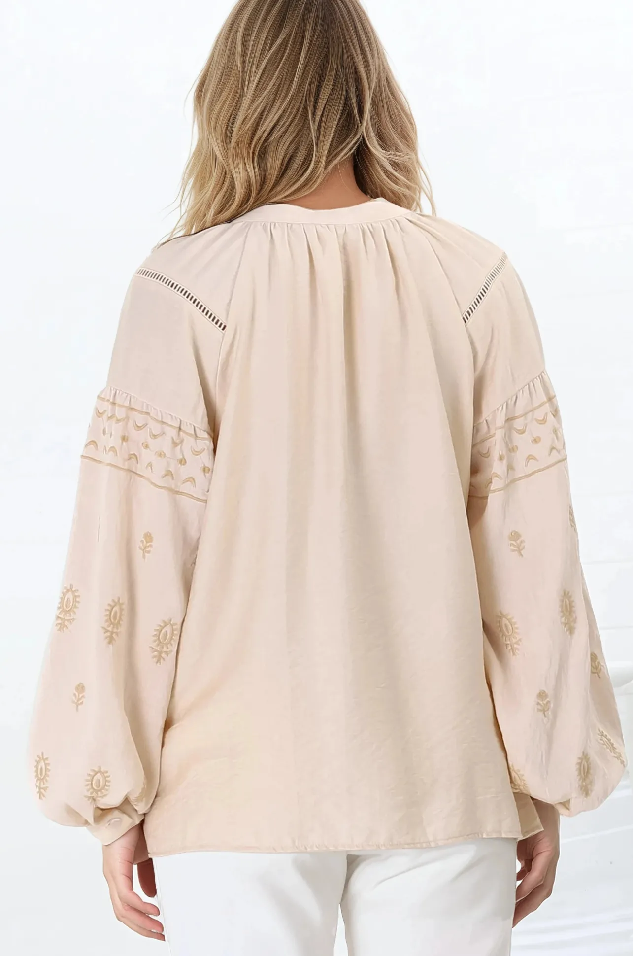 Wrenlow Blouse - Embroidery Mandarin Collar with Neck Tie Pull Over Blouse in Beige>Salty Crush Online