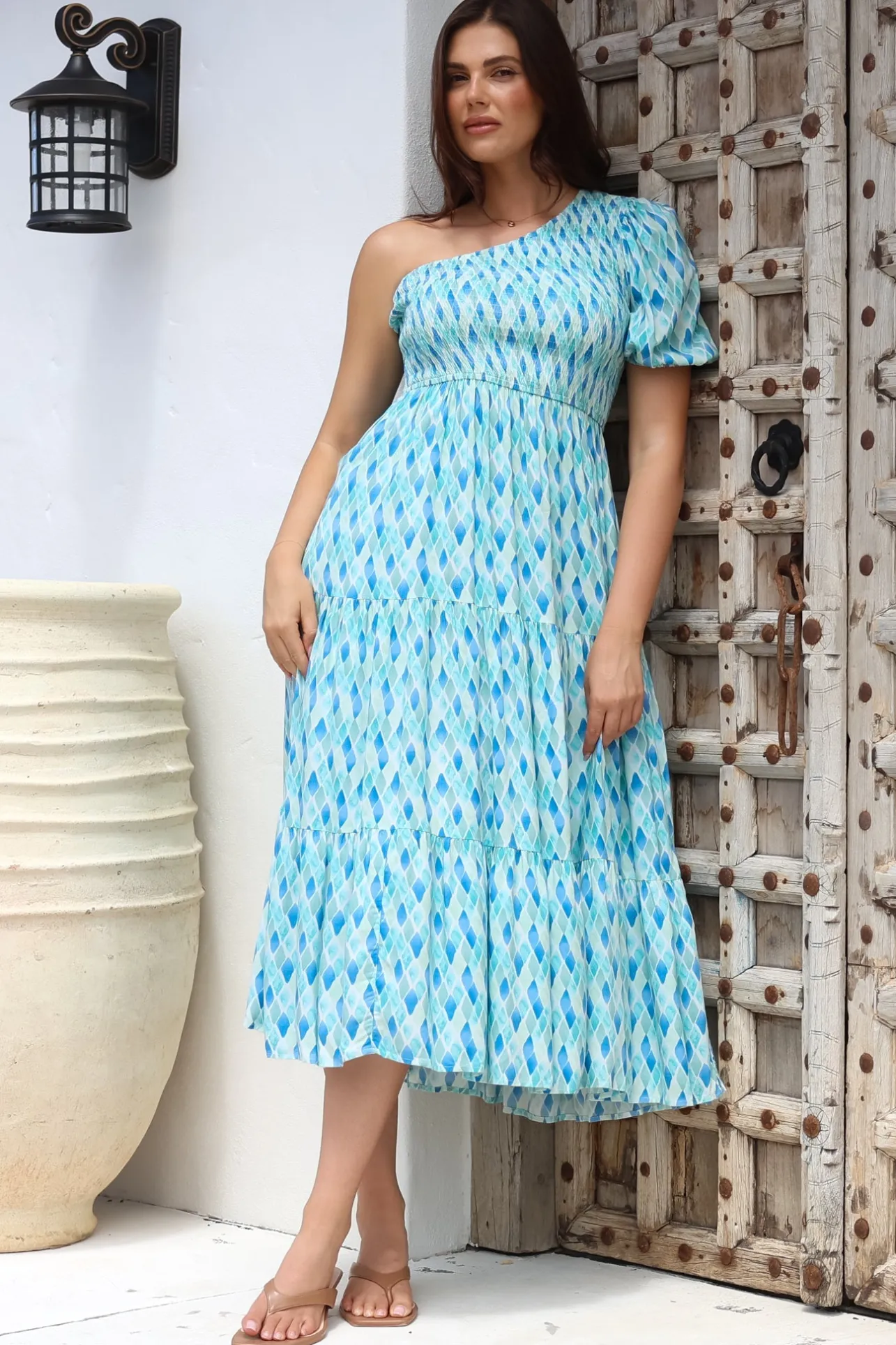 Xanthi Midi Dress - One Shoulder Elasticated Bodice Tiered Dress in Pasha Print>Salty Crush Discount