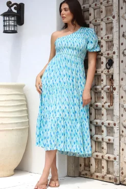 Xanthi Midi Dress - One Shoulder Elasticated Bodice Tiered Dress in Pasha Print><noscript><img width=