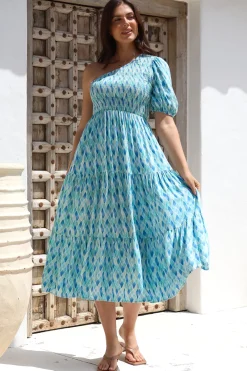Xanthi Midi Dress - One Shoulder Elasticated Bodice Tiered Dress in Pasha Print><noscript><img width=