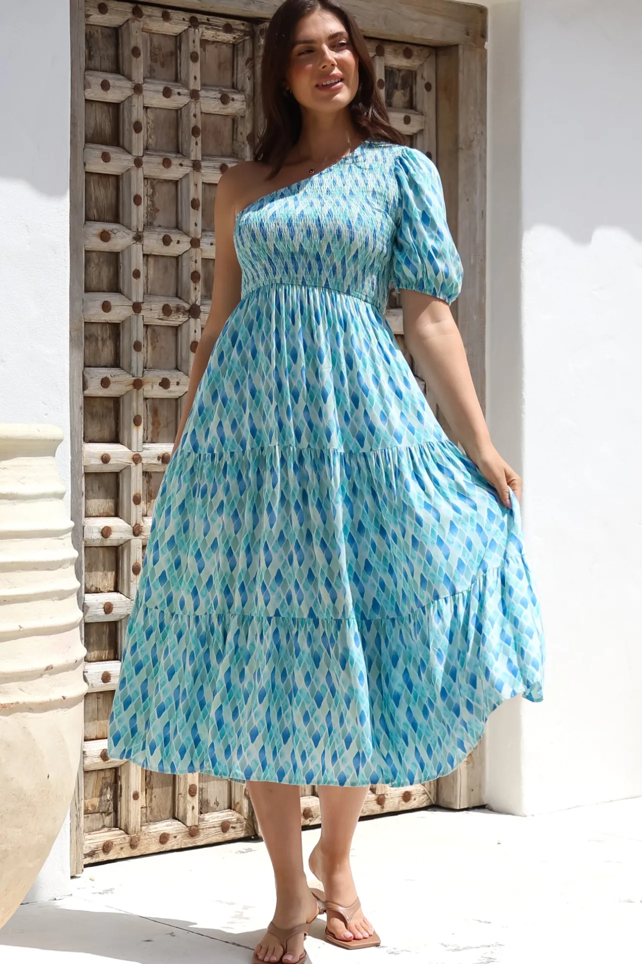 Xanthi Midi Dress - One Shoulder Elasticated Bodice Tiered Dress in Pasha Print>Salty Crush Discount
