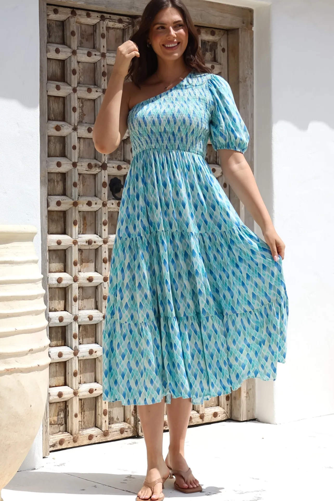 Xanthi Midi Dress - One Shoulder Elasticated Bodice Tiered Dress in Pasha Print>Salty Crush Discount