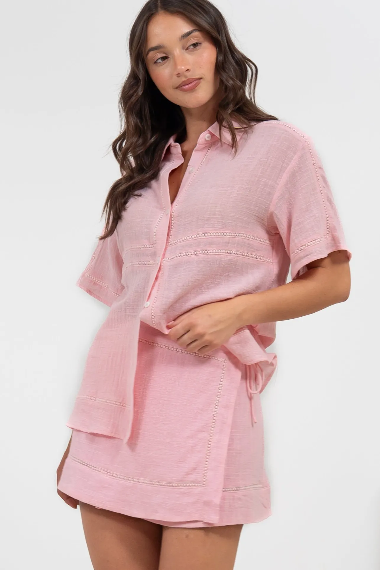 Xara Mini Skirt - High Waisted True Wrap Skirt in Pink>Salty Crush New
