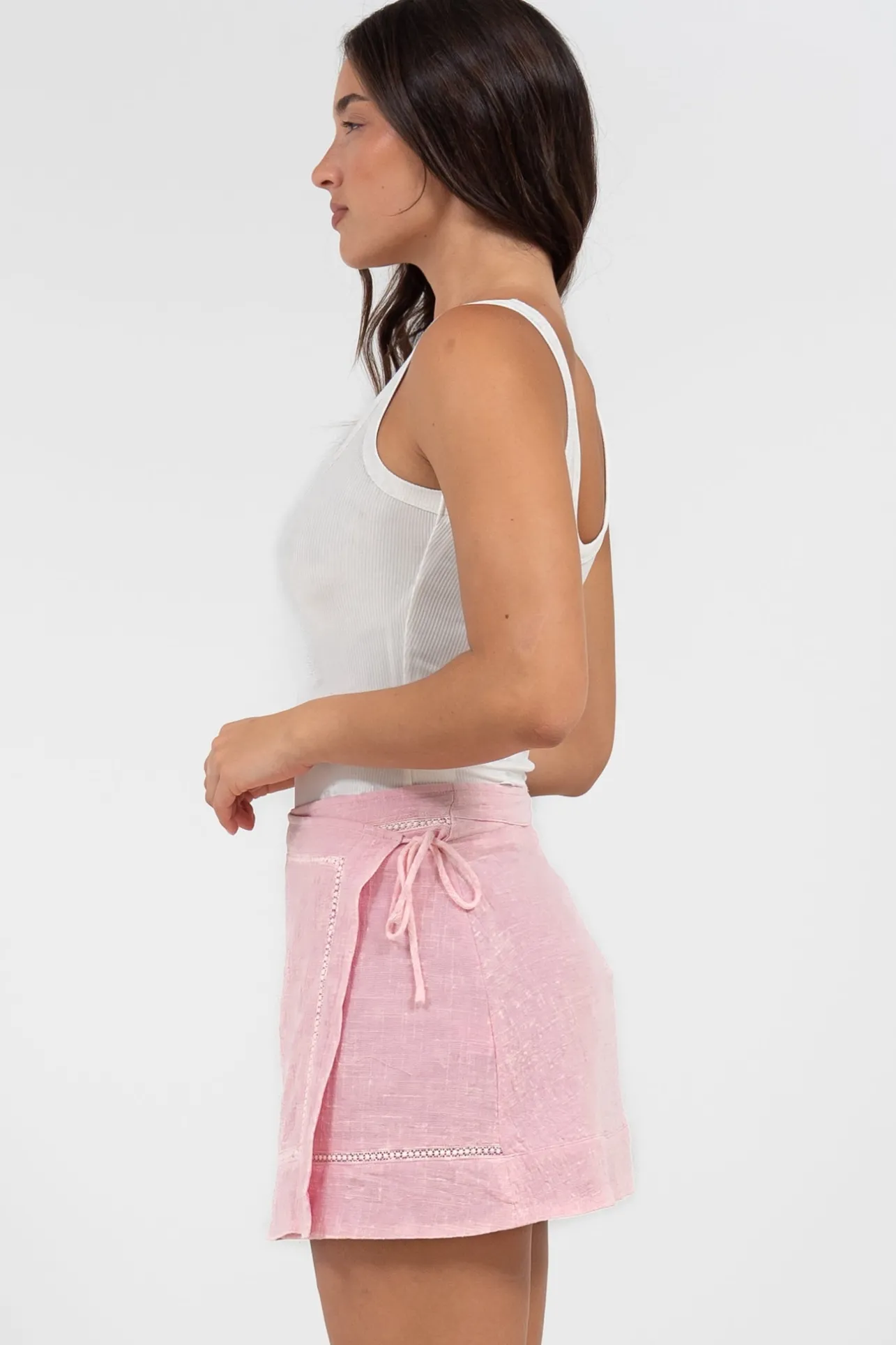 Xara Mini Skirt - High Waisted True Wrap Skirt in Pink>Salty Crush New