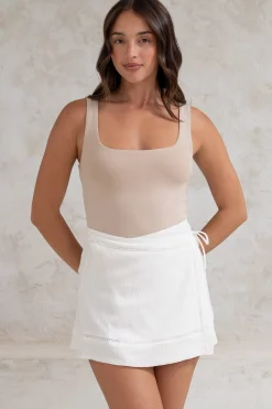 Xara Mini Skirt - High Waisted True Wrap Skirt in White><noscript><img width=