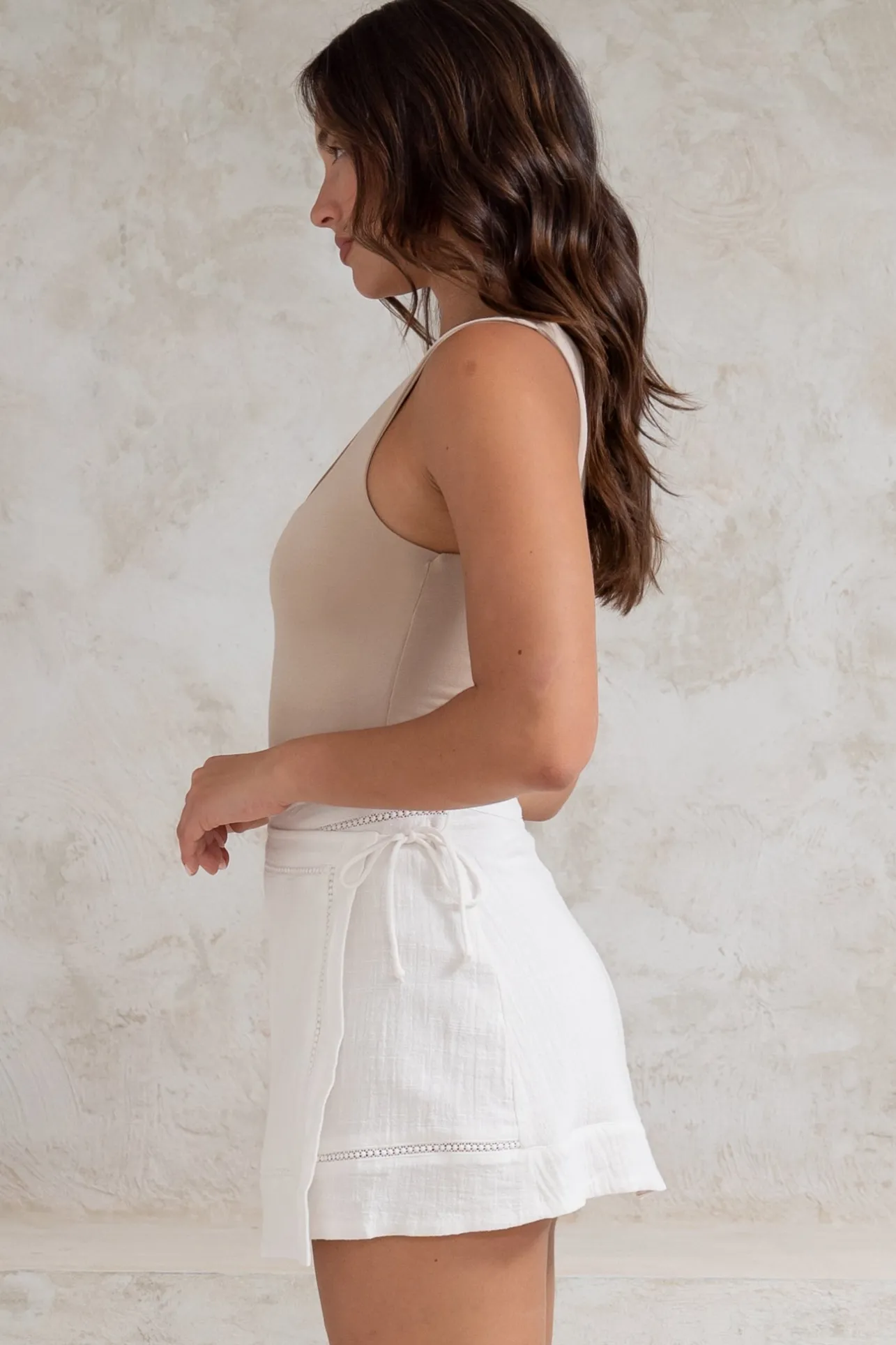 Xara Mini Skirt - High Waisted True Wrap Skirt in White>Salty Crush Online