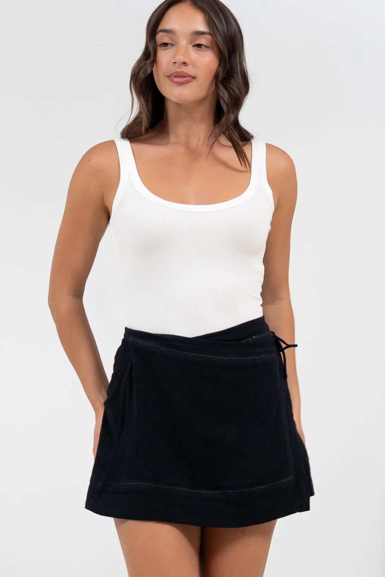Xara Mini Skirt - High Waisted True Wrap Skirt in Black>Salty Crush Clearance