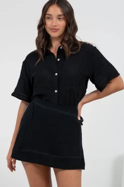 Xara Mini Skirt - High Waisted True Wrap Skirt in Black><noscript><img width=