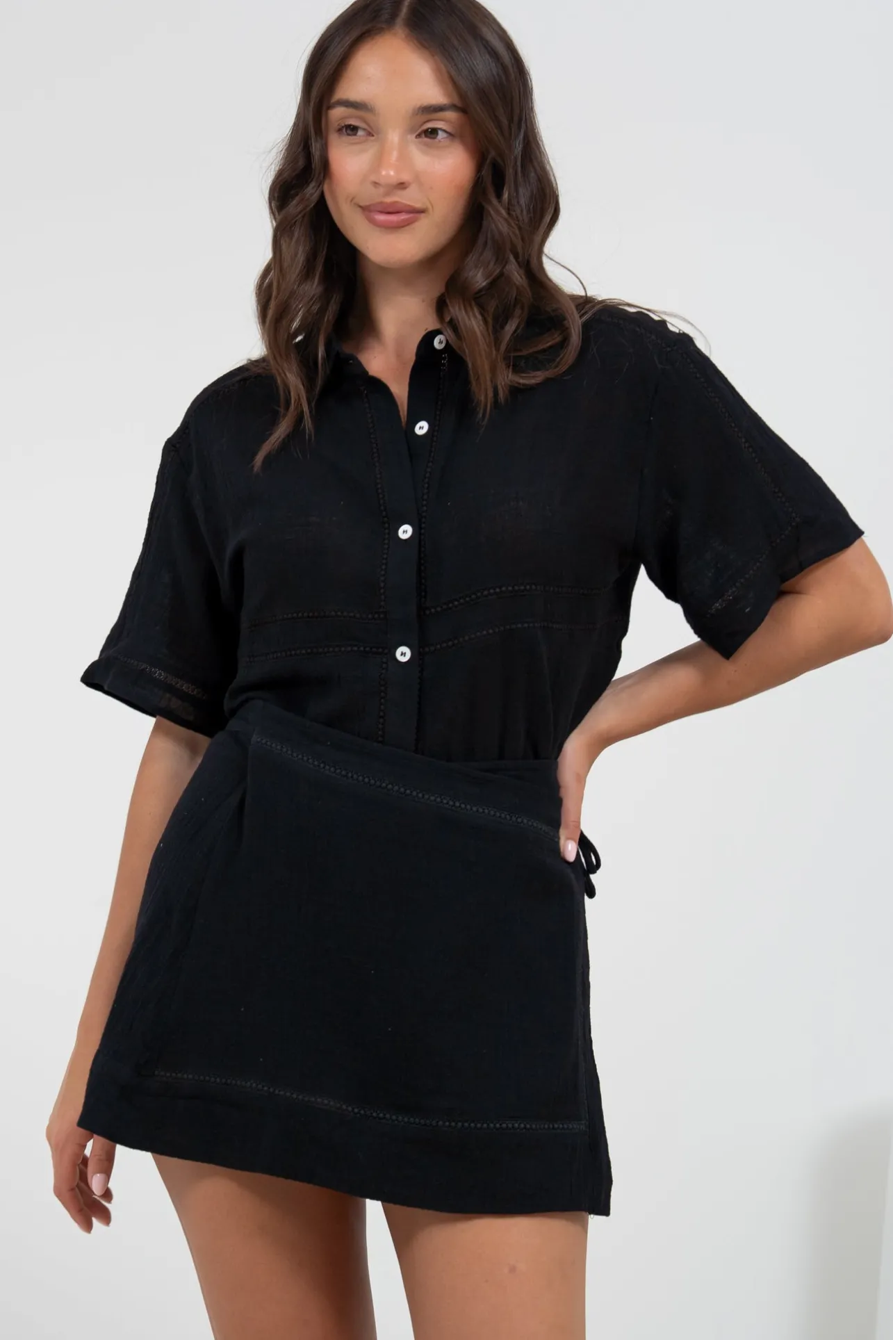 Xara Mini Skirt - High Waisted True Wrap Skirt in Black>Salty Crush Clearance