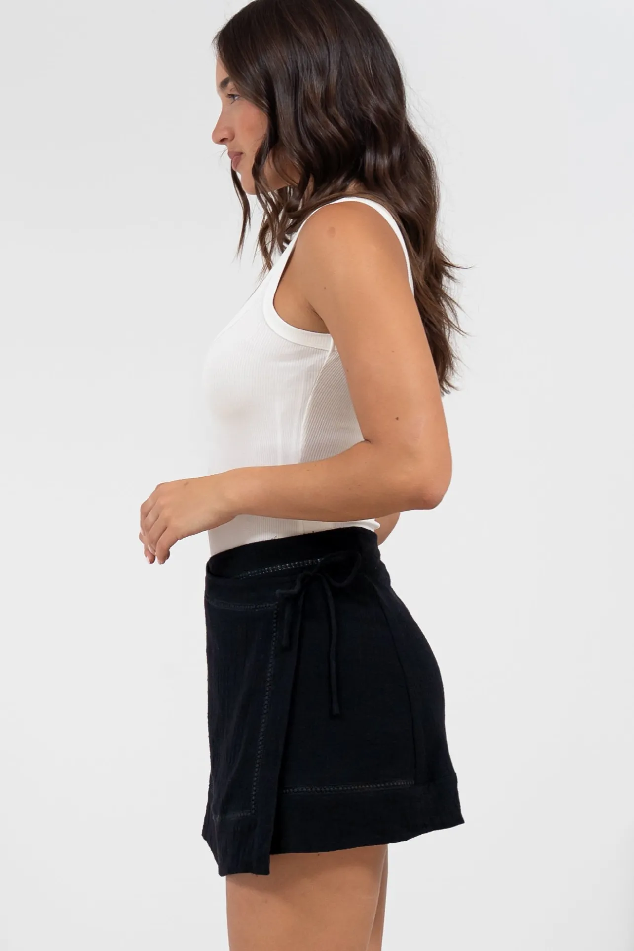 Xara Mini Skirt - High Waisted True Wrap Skirt in Black>Salty Crush Clearance