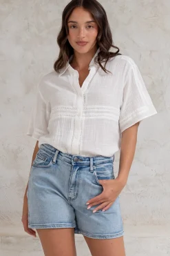 Xara Shirt - Collared Button Down with Lace Detailing in White>Salty Crush Best