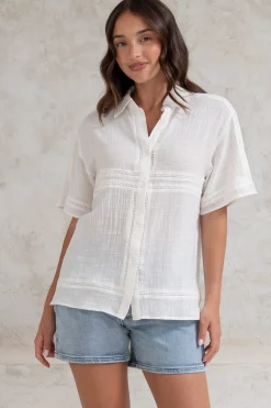 Xara Shirt - Collared Button Down with Lace Detailing in White><noscript><img width=