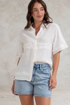 Xara Shirt - Collared Button Down with Lace Detailing in White><noscript><img width=