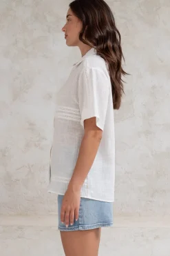 Xara Shirt - Collared Button Down with Lace Detailing in White><noscript><img width=
