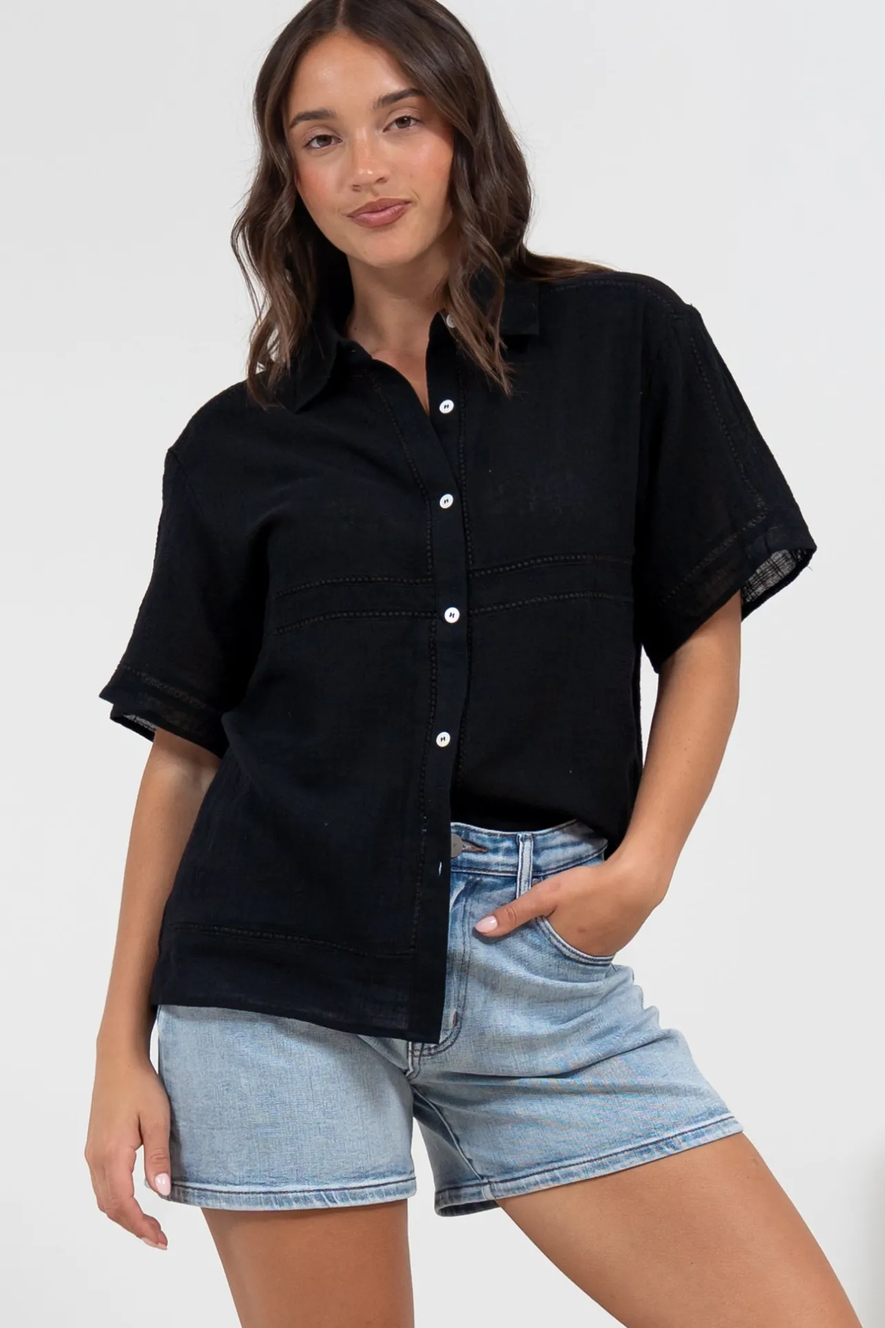 Xara Shirt - Collared Button Down with Lace Detailing in Black>Salty Crush Online