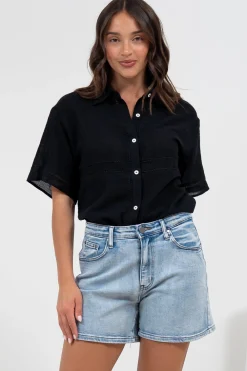 Xara Shirt - Collared Button Down with Lace Detailing in Black><noscript><img width=
