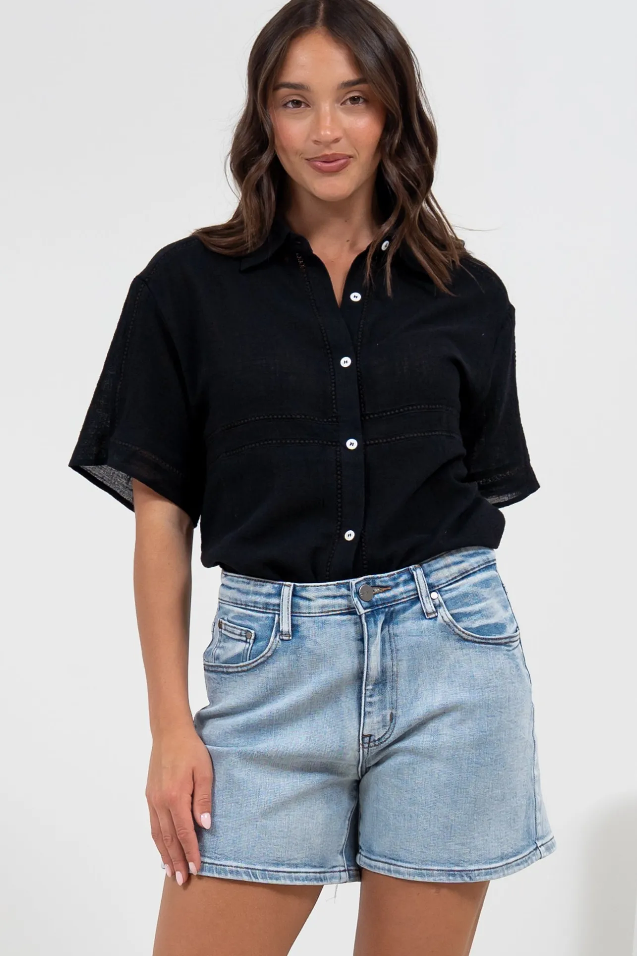 Xara Shirt - Collared Button Down with Lace Detailing in Black>Salty Crush Online