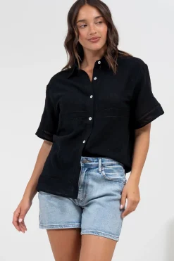 Xara Shirt - Collared Button Down with Lace Detailing in Black><noscript><img width=