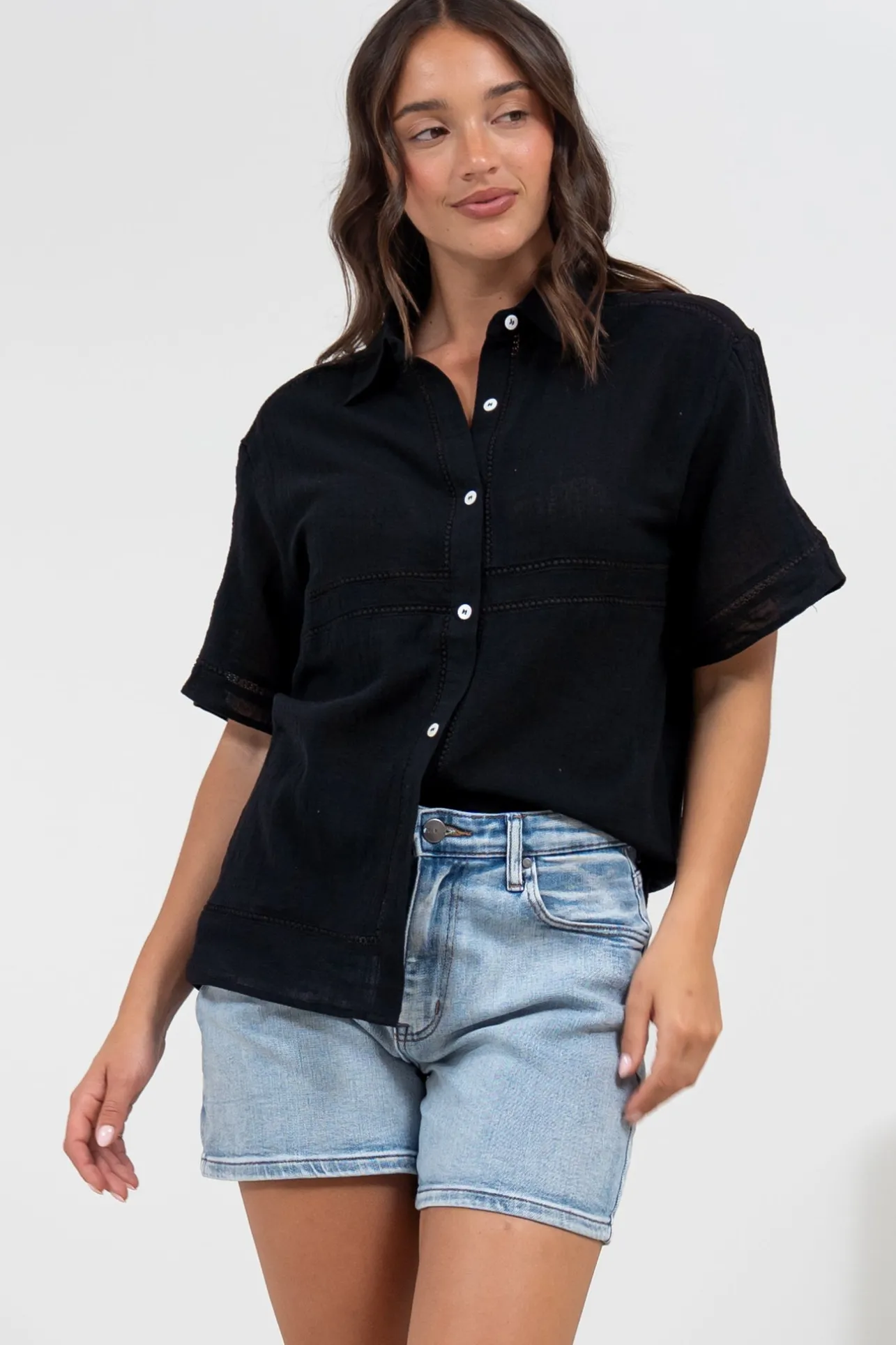 Xara Shirt - Collared Button Down with Lace Detailing in Black>Salty Crush Online