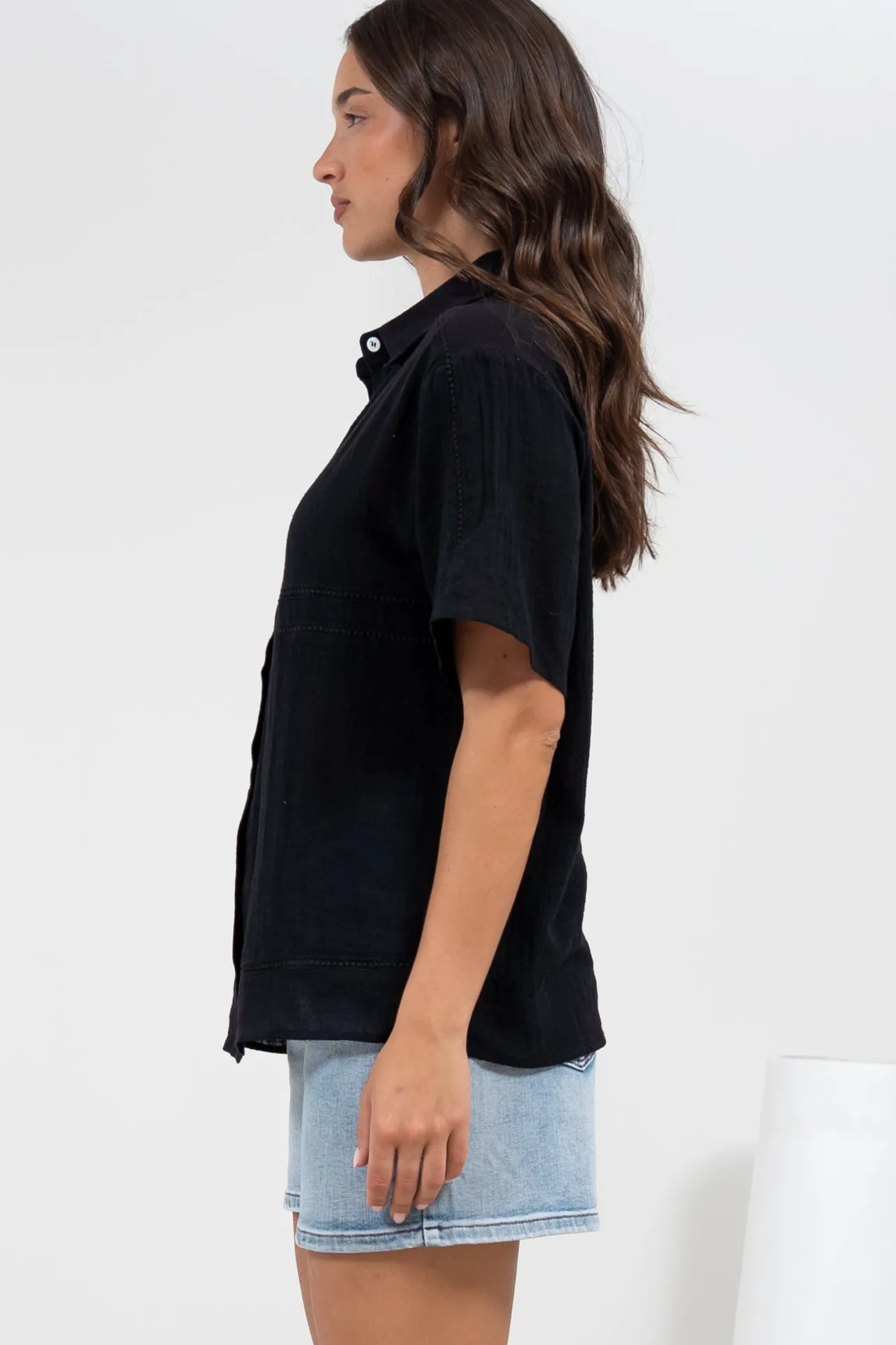 Xara Shirt - Collared Button Down with Lace Detailing in Black>Salty Crush Online