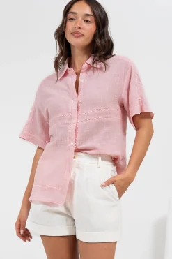 Xara Shirt - Collared Button Down with Lace Detailing in Pink>Salty Crush