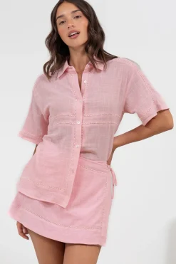 Xara Shirt - Collared Button Down with Lace Detailing in Pink><noscript><img width=