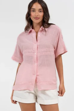 Xara Shirt - Collared Button Down with Lace Detailing in Pink><noscript><img width=