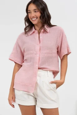 Xara Shirt - Collared Button Down with Lace Detailing in Pink><noscript><img width=