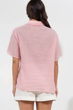Xara Shirt - Collared Button Down with Lace Detailing in Pink><noscript><img width=