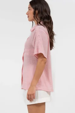 Xara Shirt - Collared Button Down with Lace Detailing in Pink><noscript><img width=