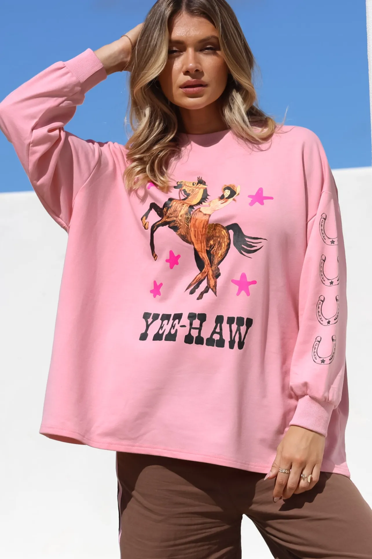 Yee-Haw Set - Graphic Long Sleeve Top and Pants with Stripe Accent in Pink>Salty Crush New